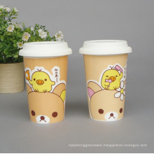 Haonai single wall ceramic travel mug 12oz ceramic coffee mug ceramic travel cup with silicone lid